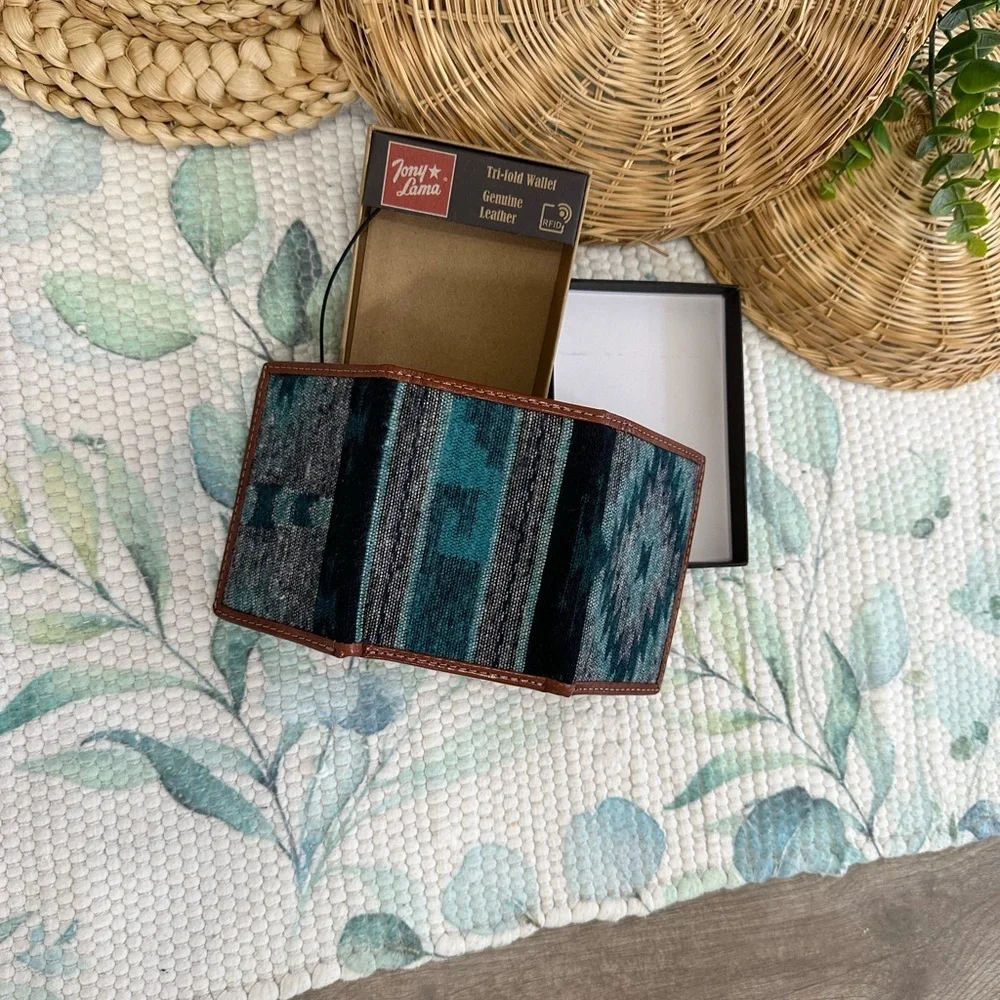 New Tony Lama Tri-Fold Wallet RFID Blue Aztec Canvas Leather Cowboy Western